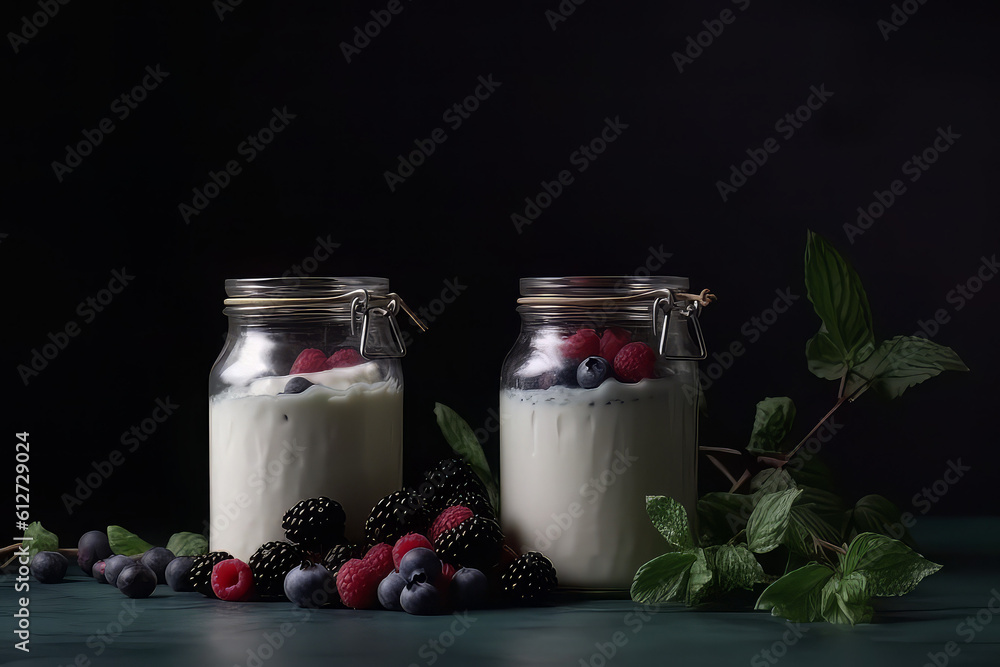 glass jars with milk and berries, isolated on dark green background premium photo glass jars with milk and berries, isolated on dark green background premium photo
