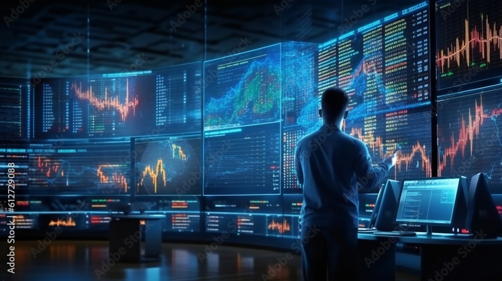 A solitary trader studies stock market graphs on expansive multi monitor workstations, employing mobile app analytics for cryptocurrency and investment growth chart analysis. AI Generative. A solitary trader studies stock market graphs on expansive multi monitor workstations, employing mobile app analytics for cryptocurrency and investment growth chart analysis. AI Generative.