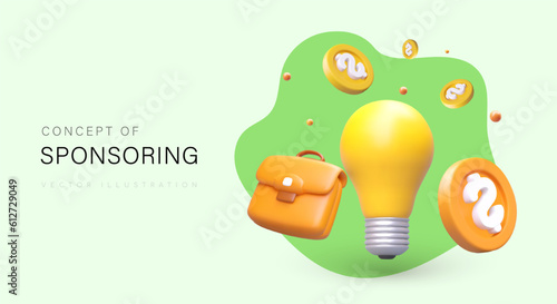 Sponsorship vector concept. Smart investments. Support of new promising business. Funding of educational programs. Multicolored poster with 3D composition