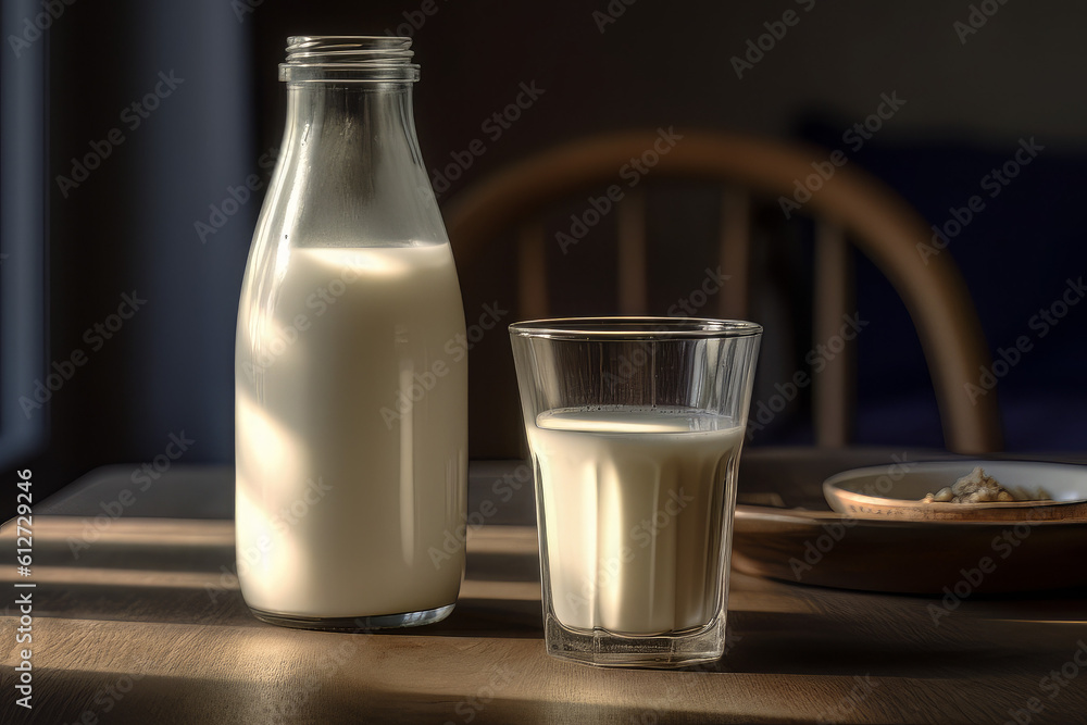 glass of milk next to a milk bottle, in the style of vray tracing glass of milk next to a milk bottle, in the style of vray tracing