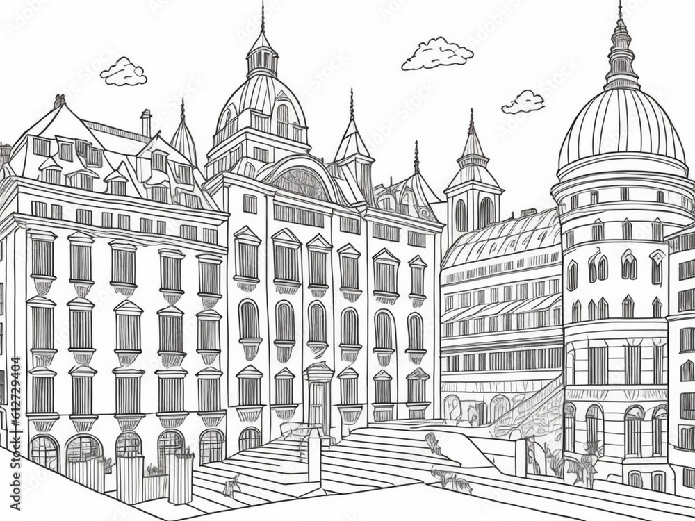 pencil drawing about city square