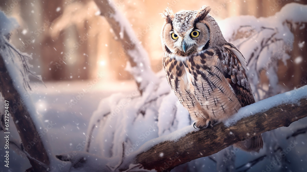 Beautiful owl sitting on a tree branch in the winter forest. Beautiful owl sitting on a tree branch in the winter forest.