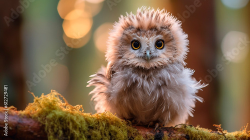 Little baby owl with big eyes sitting on a tree branch in the forest.
