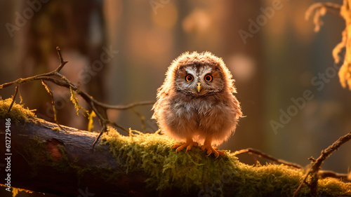 Little baby owl sitting on a tree branch in the forest at sunset. © art4all