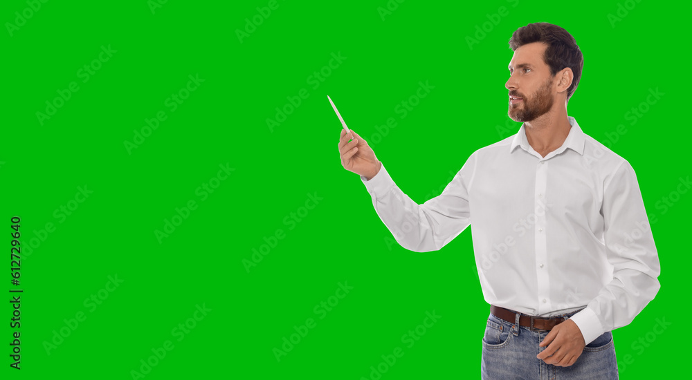 Chroma key compositing. Broadcaster against green screen, banner design