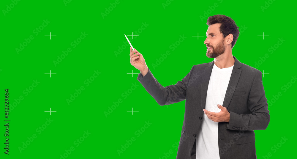 Chroma key compositing. Broadcaster against green screen, banner design Chroma key compositing. Broadcaster against green screen, banner design