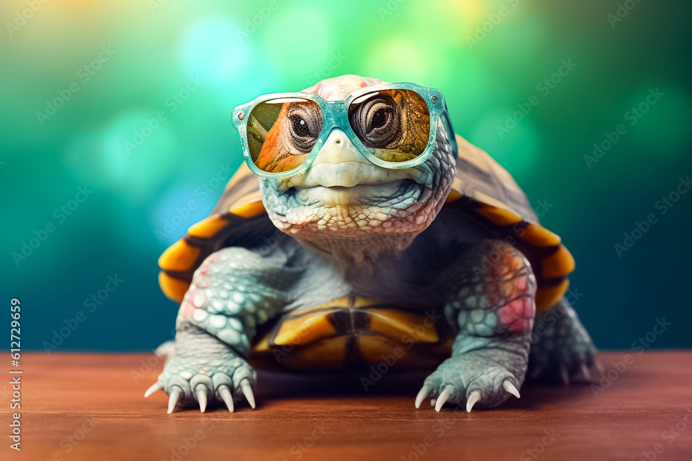 a turtle donning stylish eyeglasses, set against a backdrop of blurred glittering bokeh, creating a vivid and enchanting picture. Generative AI. a turtle donning stylish eyeglasses, set against a backdrop of blurred glittering bokeh, creating a vivid and enchanting picture. Generative AI.