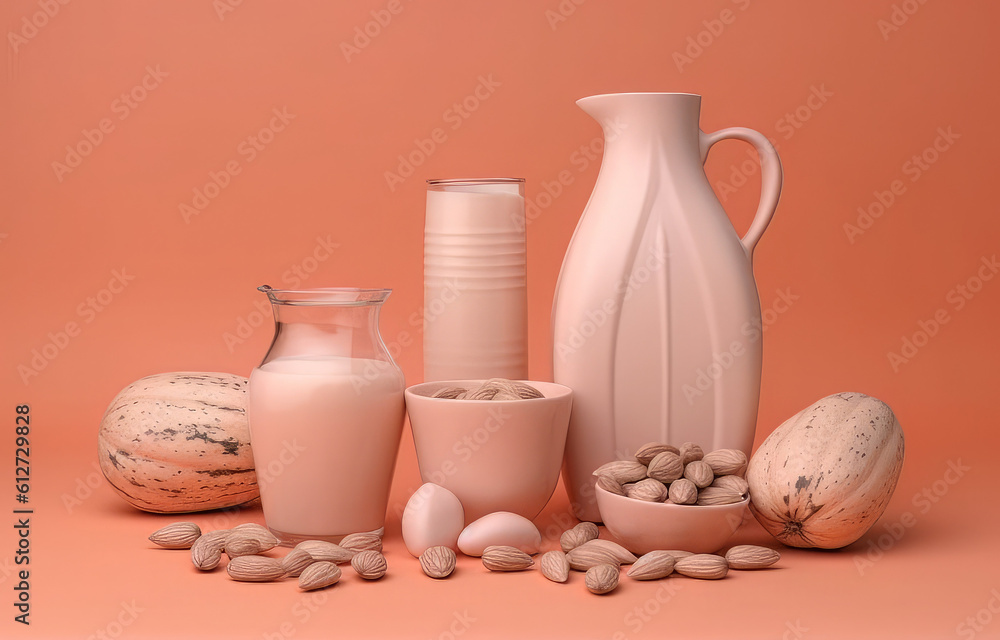 milk, seeds, nuts on peach background, in the style of monochromatic color schemes milk, seeds, nuts on peach background, in the style of monochromatic color schemes