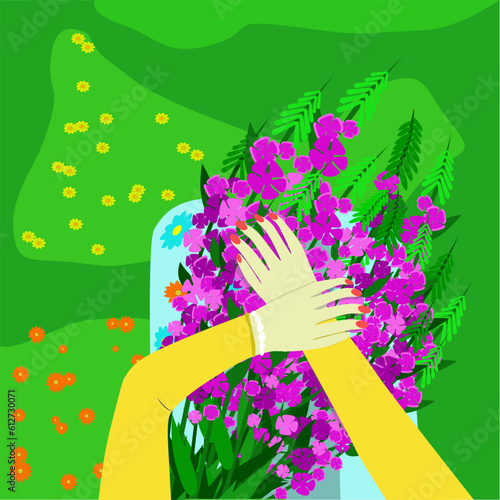 Bundle of hands holding bouquets of wildflowers. Floral set. Stylish decorative design. Blooming flowers. Romantic present for a loved one. All objects are isolated and grouped. Vector Illustration