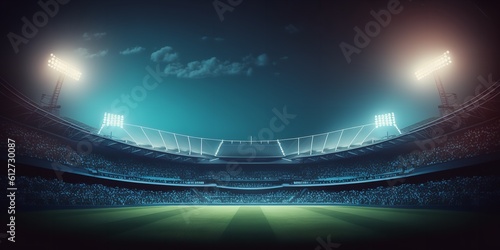 Nighttime sports backdrop Stadium for football and cricket with a blurred 3D lighting background. Generative Ai.