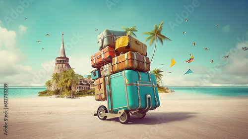 concetto di vacanza, partire, valigia auto e mare, iole tropicali e valigia, voglia di evasione, viaggiare, illustrazione creata con intelligenza artificiale. photo