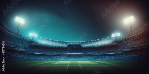 Nighttime sports backdrop Stadium for football and cricket with a blurred 3D lighting background. Generative Ai.