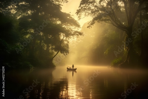 Ethereal beauty of the Amazon rainforest on a misty morning, with trees partially covered in fog, Generative Ai © bluebeat76