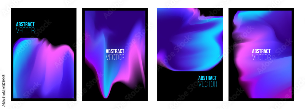 Set of abstract backgrounds with blue and pink color gradients on black for creative graphic design. Covers templates with fluid dynamic colors. Vector illustration.