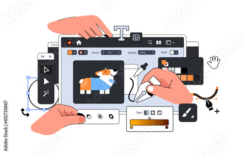 Ui Design Layout illustration with Hands. Tools for professional Digital Art in Vector Graphics Editing. Big Designer Dashboard