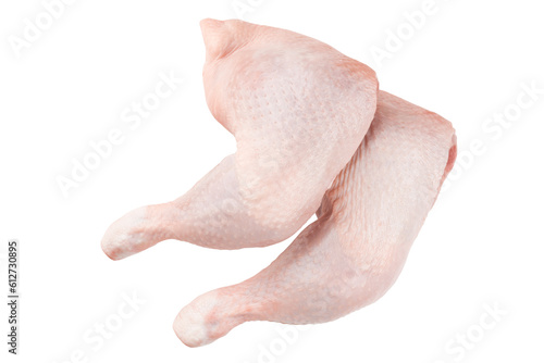 Two Raw chicken thighs with skin isolated PNG transparent photo. Raw chicken legs quarters.