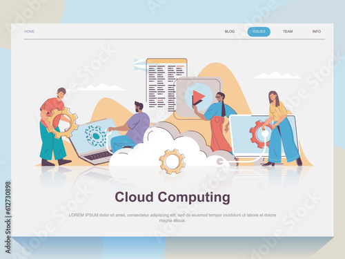 Cloud computing web concept for landing page in flat design. Man and woman working with online server, storing data, using online database. Vector illustration with people scene for website homepage