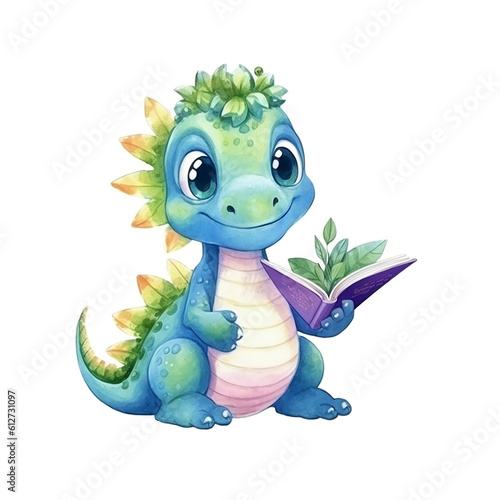 Illustration of a cute dinosaur reading a book on a white background AI Generative