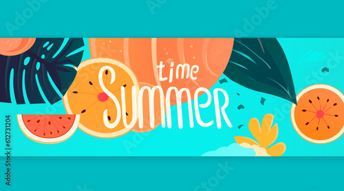 Summer time banner, season party bar, tropical fruity. Vector illustration