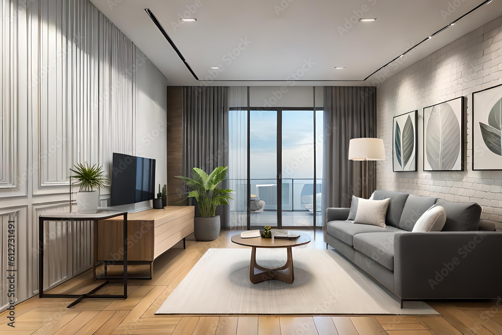 Interior of Living Room Modern style with Grey fabric sofa, Wooden side table, and white ceiling lamp on Wooden floor, Generative AI Interior of Living Room Modern style with Grey fabric sofa, Wooden side table, and white ceiling lamp on Wooden floor, Generative AI