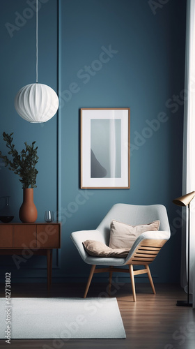 Blank picture frame mockup on blue wall. Modern living room design. For Instagram Story. generative AI © TimosBlickfang