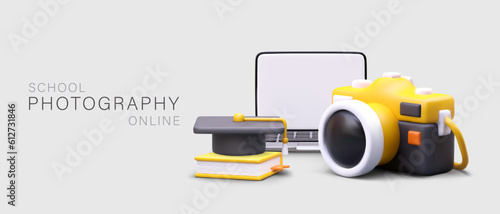 Photo school online. Courses of different complexity. Practicing lecturers. Cool portfolio after graduation. Advertising template with 3D illustration