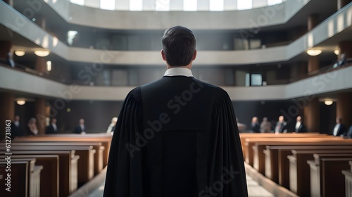 Un avocat vu de dos entre dans un tribunal