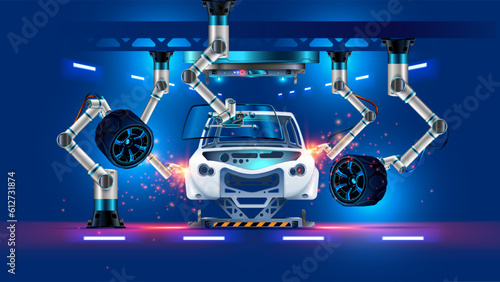 Robot assembles car on automotive industry manufacture. Automated 3d Robotic arm on production line laser welding car body, sets wheels, windscreen. Industry robot hand on automotive vehicle factory.