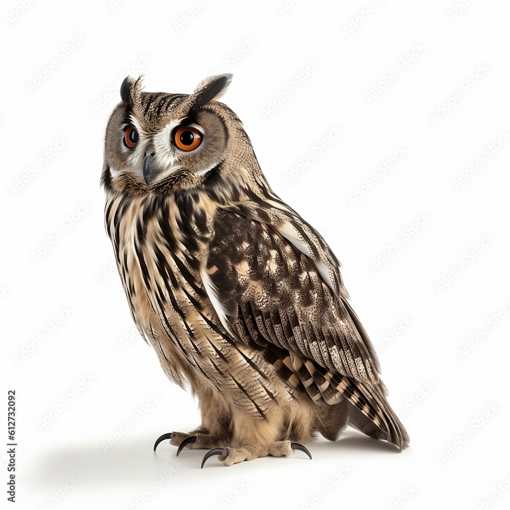 Fototapeta premium Great horned owl on white background, Generative AI