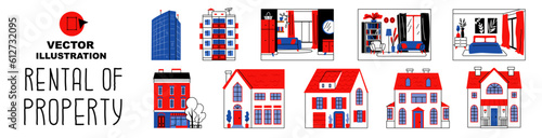 Set on the theme of rental property. Different types of apartments, houses and buildings.  Investment in real estate. Vector illustration isolated on white background.