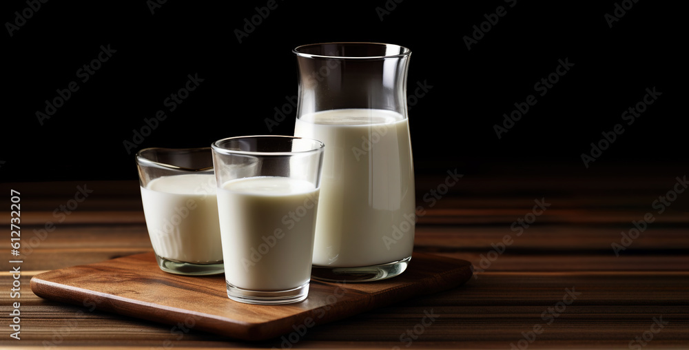 Several glasses with milk on a dark background. Several glasses with milk on a dark background.