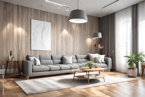 Interior of Living Room Modern style with Grey fabric sofa, Wooden side table, and white ceiling lamp on Wooden floor, Generative AI 