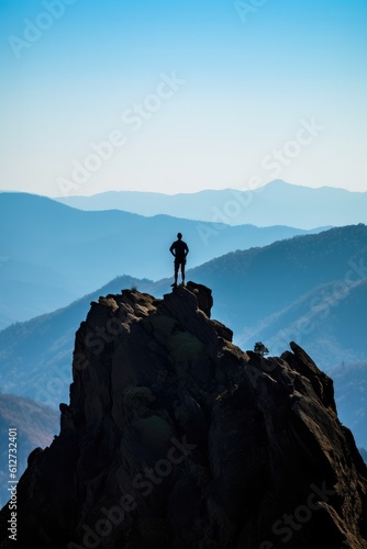 Silhouette of a man standing on the top of a mountain, on the edge of a cliff and looking into the misty valley. Hiker at the summit of a mountain overlooking a stunning view. generative AI © matteo