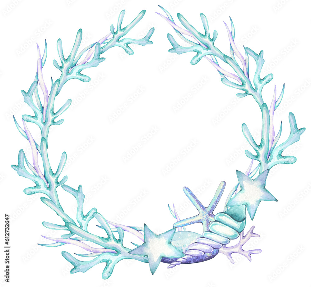 Sea wreath of algae, shellfish, starfish in blue and purple tones, watercolor Sea wreath of algae, shellfish, starfish in blue and purple tones, watercolor