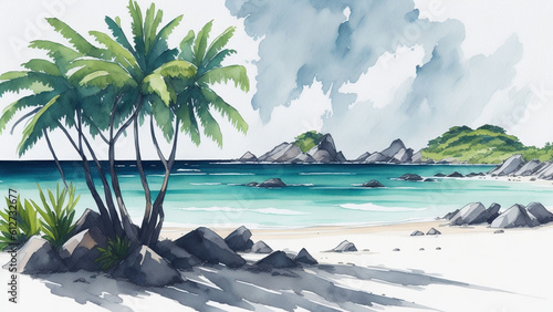 A watercolor contemporary landscape of a beautiful beach in the Seychelles. The concept of travel and tourism.