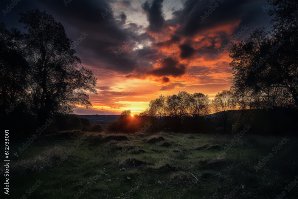 Dramatic sky over tranquil scene at dusk. Generative AI Dramatic sky over tranquil scene at dusk. Generative AI