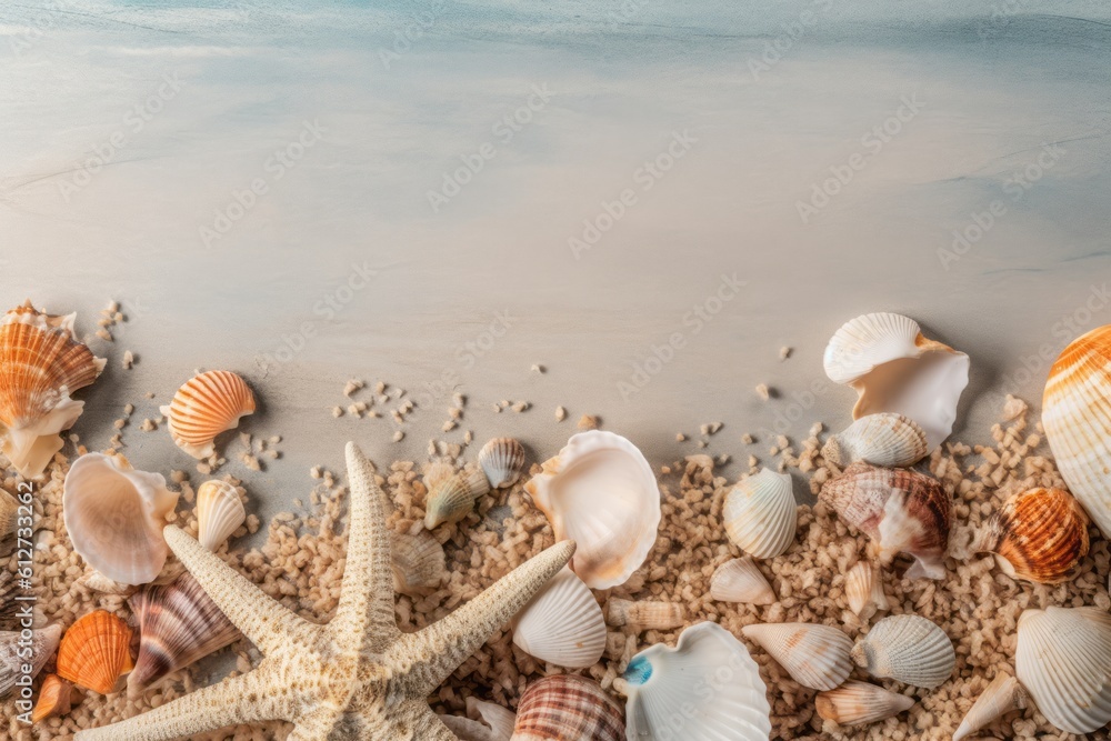 Starfish and shells with copy-space. Generative AI Starfish and shells with copy-space. Generative AI