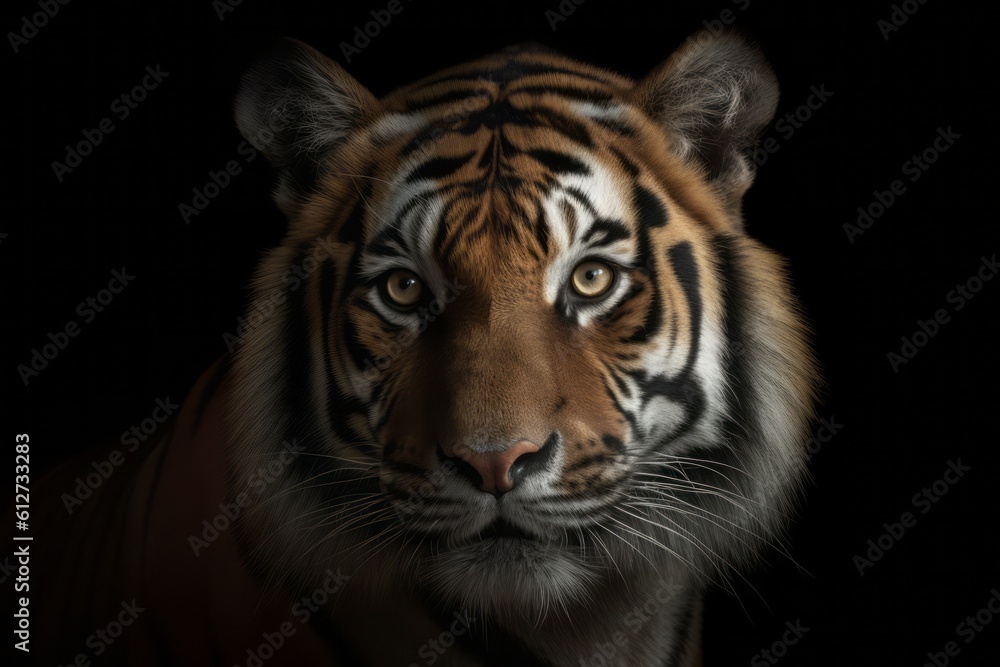Fototapeta premium The tigers face is well focused on a dark backdrop. Generative AI