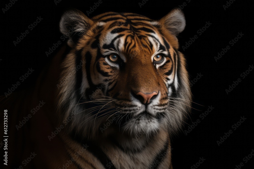 The tigers face is well focused on a dark backdrop. Generative AI