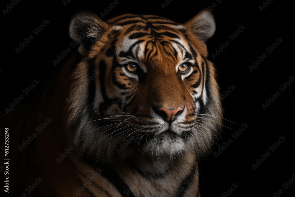 Fototapeta premium The tigers face is well focused on a dark backdrop. Generative AI