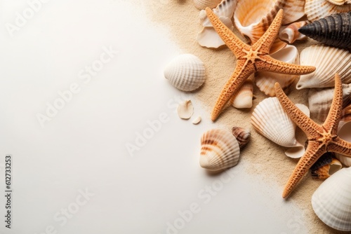 Starfish and shells with copy-space on white background. Generative AI