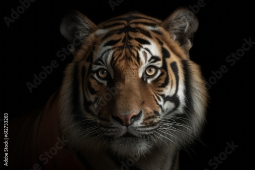 The tigers face is well focused on a dark backdrop. Generative AI © KaterynaVS