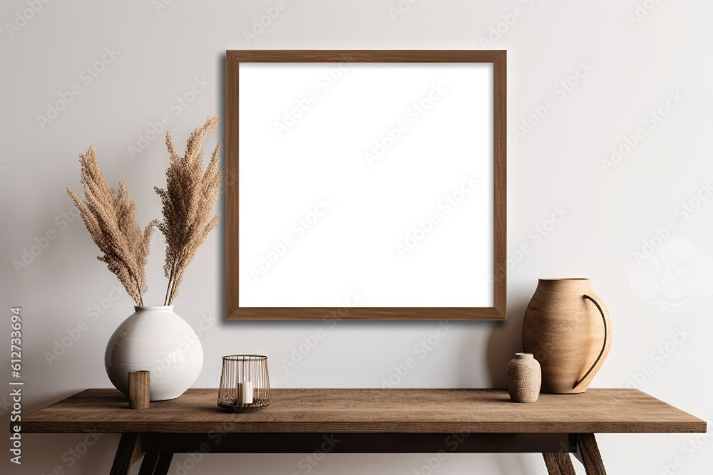 Fototapeta premium Modern Wooden Table with Empty White Picture Frames. Blank Mockup for Home Decor. Interior Design Background with Copy Space