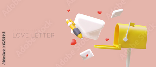 Love letter. Opened 3D mailbox, pen, envelope, hearts on color background. Romantic correspondence. Marriage agency. Hot dialogues. Cute advertising poster