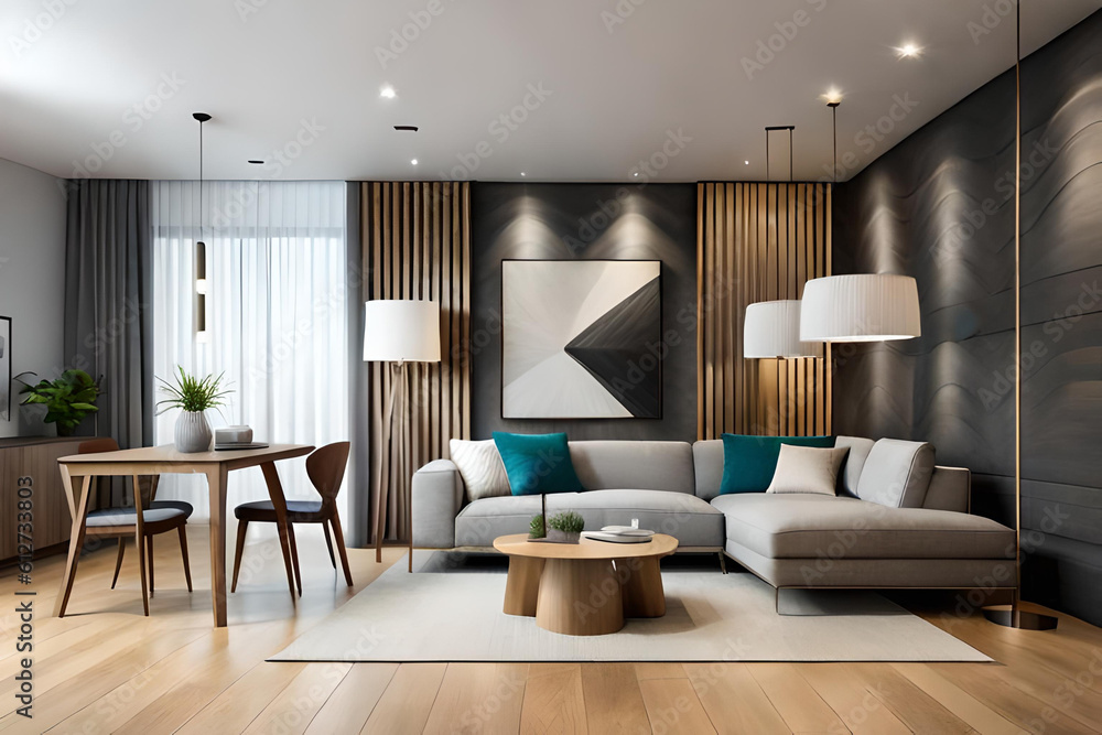 Interior of Living Room Modern style with Grey fabric sofa, Wooden side table, and white ceiling lamp on Wooden floor, Generative AI Interior of Living Room Modern style with Grey fabric sofa, Wooden side table, and white ceiling lamp on Wooden floor, Generative AI