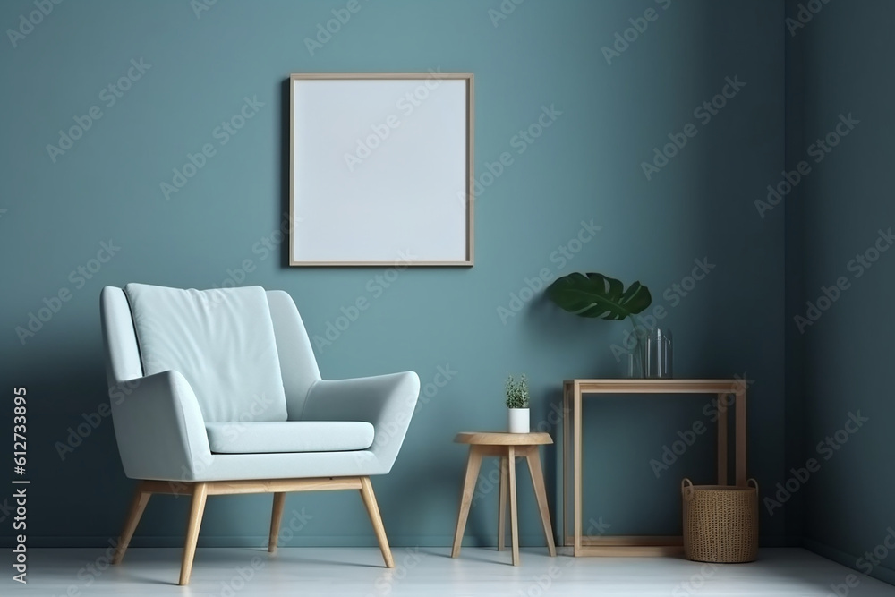 Blank picture frame mockup on blue wall. Modern living room design. generative AI Blank picture frame mockup on blue wall. Modern living room design. generative AI