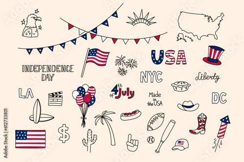 USA doodles set. United States of America vector design elements isolated on white background. Collection of US national symbols. Independence Day. American flag, liberty statue, July 4, eagle