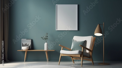 Blank picture frame mockup on blue wall. Modern living room design. generative AI