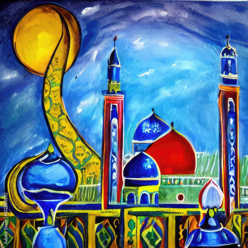 Oil painting of a mosque on a background of blue sky with clouds eid al adha islamic festival. Generative AI.
