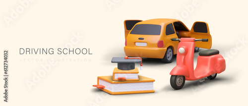 Learning to drive different vehicles. Modern driving school. Study of traffic rules. Certified drivers license. 3D plasticine illustration, place for text